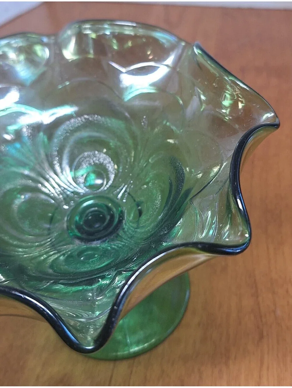 VTG Uranium Green Glass Scroll Embossed Footed Candy Compote Dish 4.5